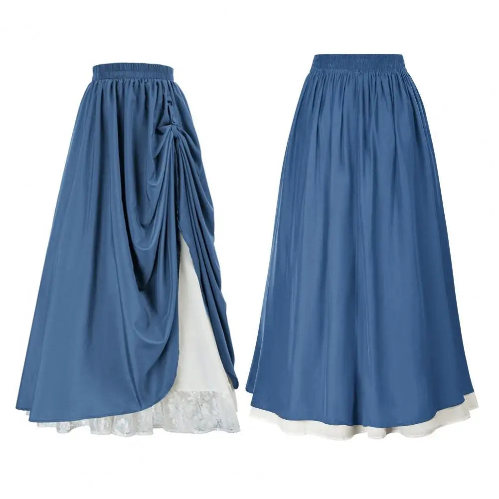 Women Retro Medieval Elastic Lace High Waist Boho Maxi Skirt Casual Drawstring A Line Shirtdresses Backless Vintage Bodycon