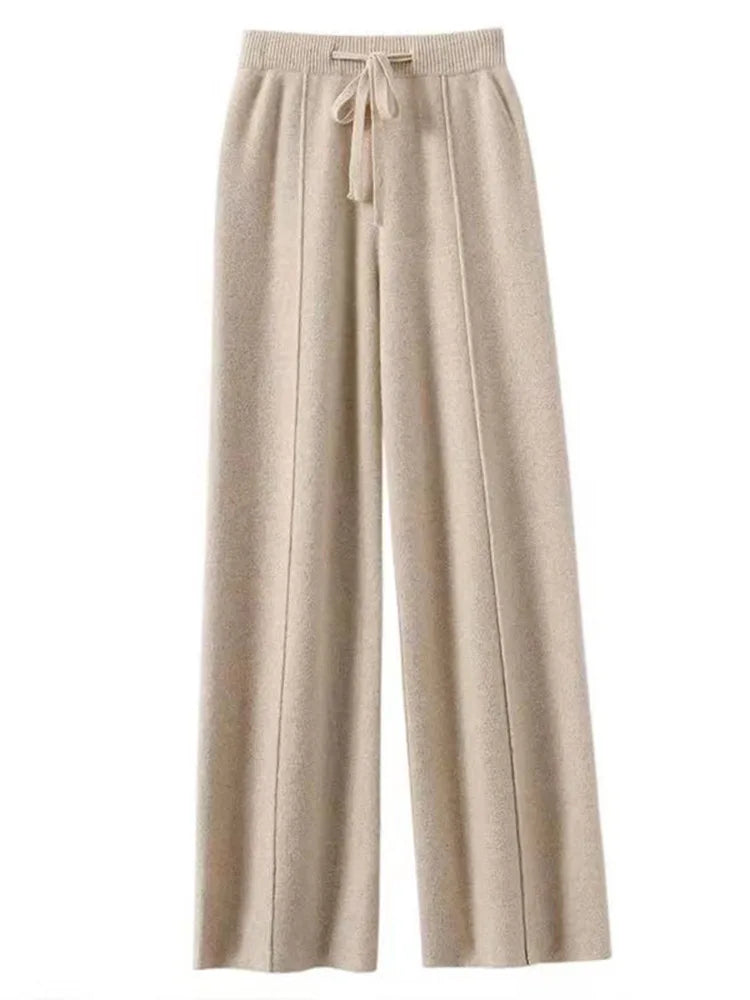 100% Pure Wool Pants Cashmere Wide Leg Trousers Women's Long Britches Knit Loose Daks Casual Pants Autumn Winter High Waist Daks