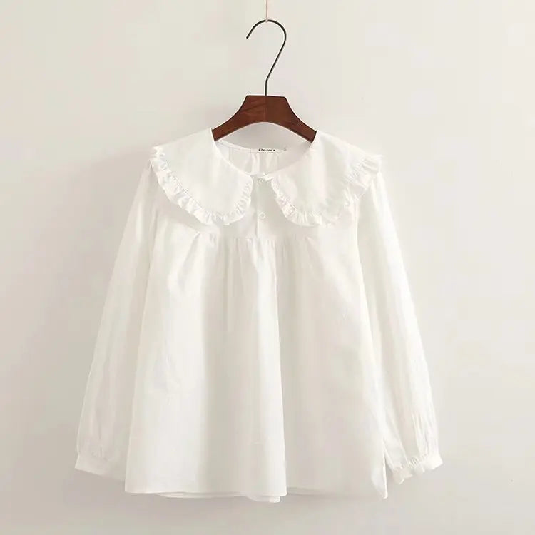 New Autumn Cotton White Shirts Women Student Sweet Tops Girl Peter Pan Collar Plaid Casual Cute Loose Blouses Spring T39132QM