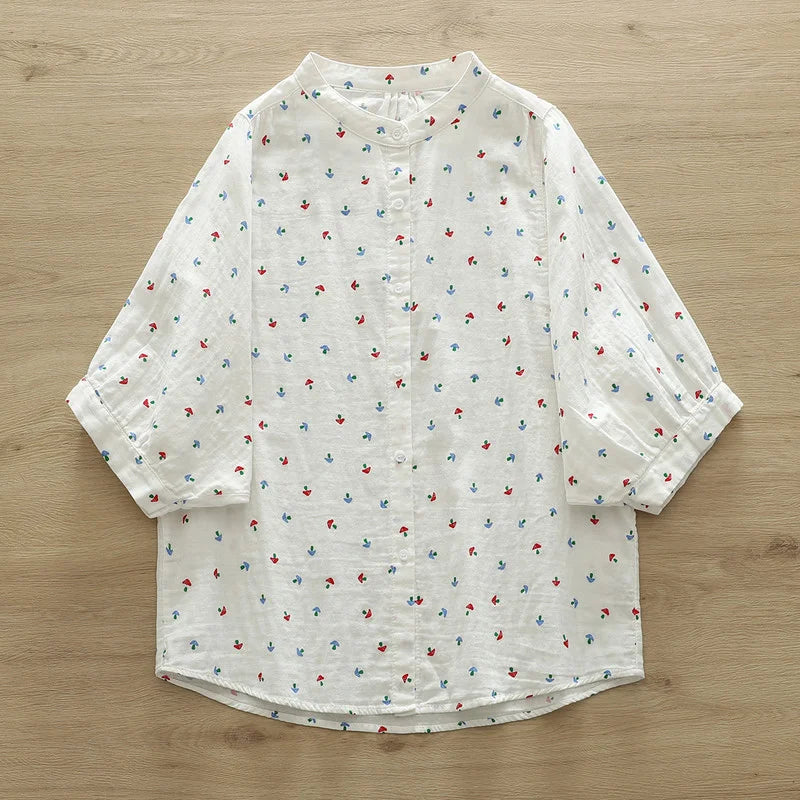 100% Cotton yarn women's shirt 2025 summer Japan style brief short bat sleeve blouses large size tops middle aged women blouses