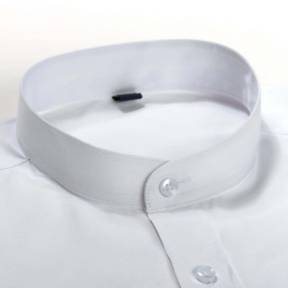 Men's Long Sleeve Mao-collar (Mandarin Collar) Shirt Single Patch Pocket Smart Casual Regular-fit Business Office Dress Shirts