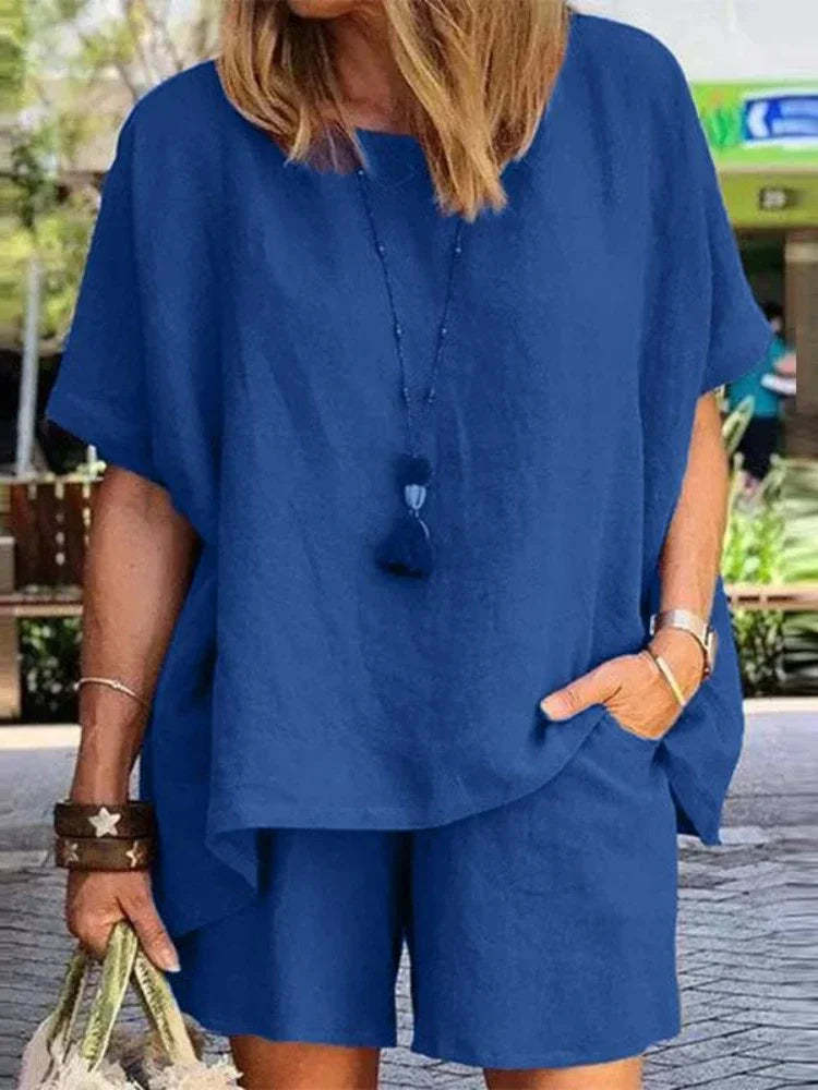 2024 Summer Fashion Cotton and Hemp New Elegant Women's Casual Two Piece Set Short Sleeved Top Waist Wide Leg Pants Set
