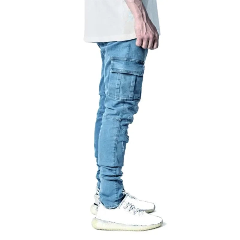 Autumn Winter New Men's Clothing Solid Color Stretch Multi-Bag Skinny Pants Slim Slimming Denim Cargo Pants Jeans