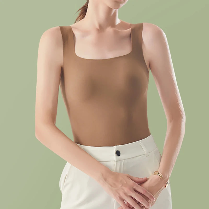 HELIAR Women Summer Seamless Solid Tank Top With Bra Pad Square Collar Ice Silk Comfort Crop Top Sleeveless Street Sports Camis
