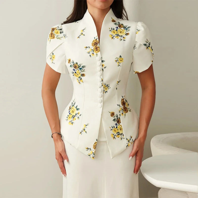 Elegant Women's Irregular Shirts Short Sleeve Waist-Closed Button V-Neck Lady Top 2025 Summer Fashion Female Street Outwear