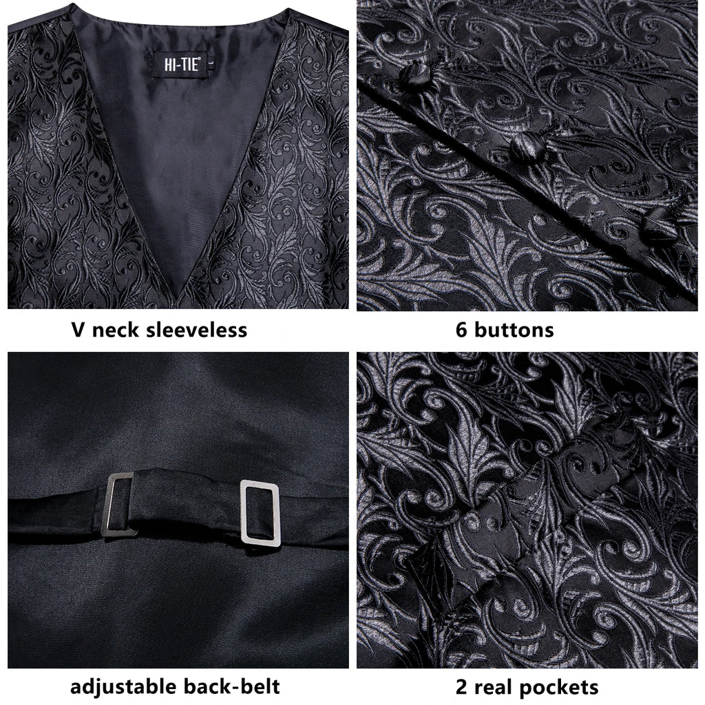 Hi-Tie Black Men Silk Vest Paisley Jacquard Necktie Hankerchief Cufflinks Sets Male Sleeveless V-Neck Waistcoat Business Formal