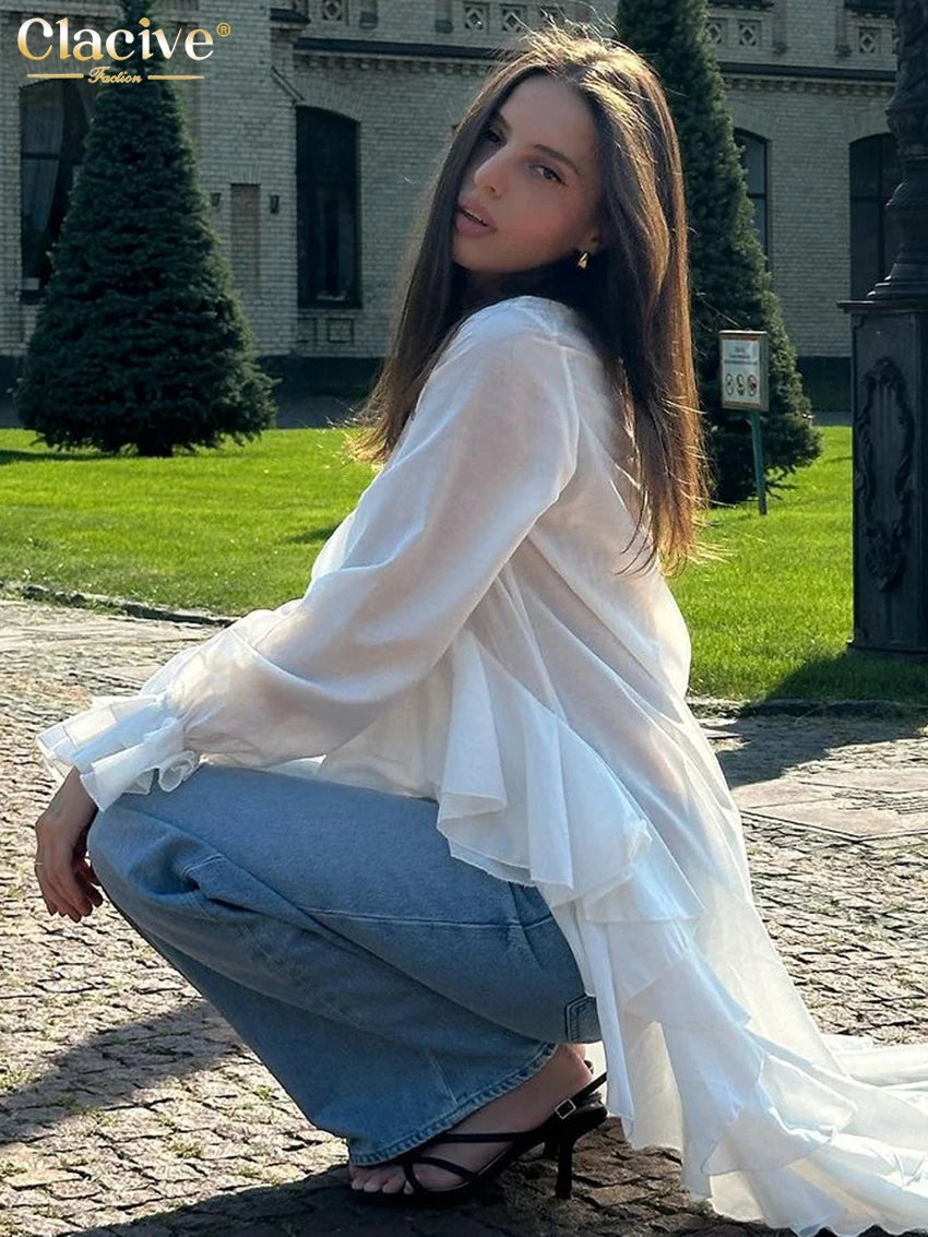 Clacive Sexy Loose White Women's Shirt 2025 Fashion V-Neck Long Sleeve Shirts Elegant Ruffle Irregular Top Female Clothing