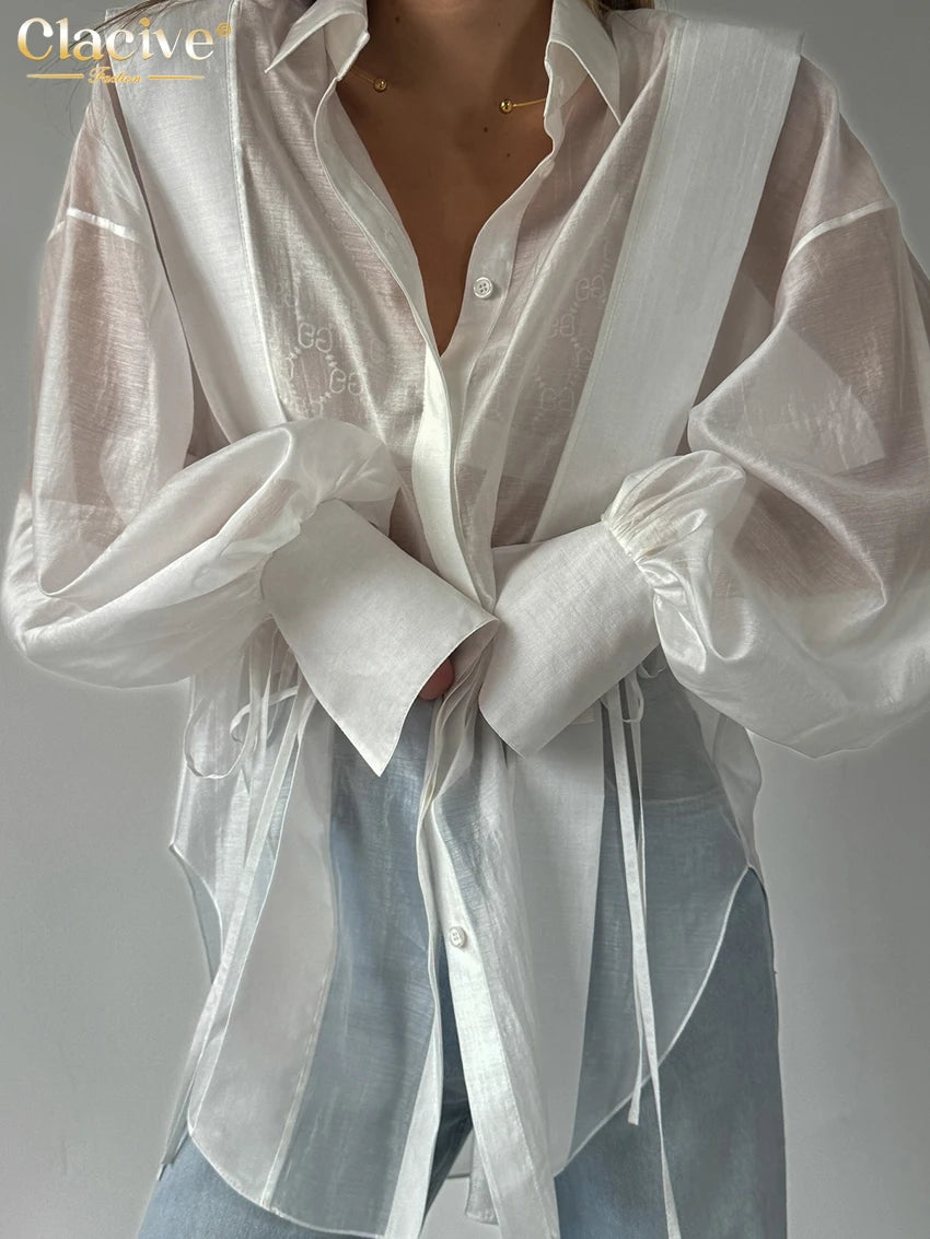 Clacive Fashion Loose Pink Cotton Women Shirts 2024 Casual Lapel Long Sleeve Blouse Elegant Classic Lace-Up Top Female Clothing