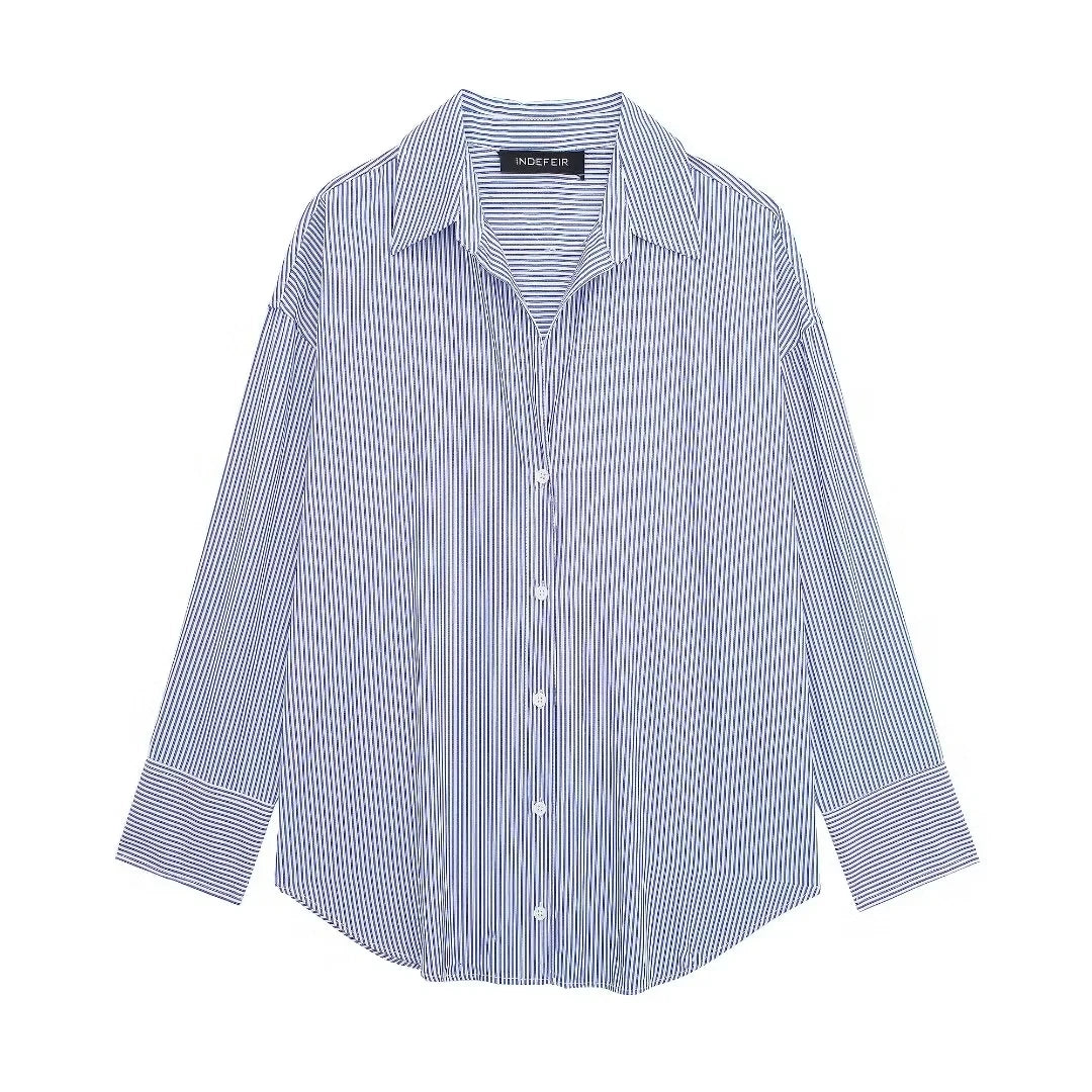 TRAFZA 2024 Spring New Women's Poplin Office Shirt Chic V Neck Single Breasted Elegant Women's Striped Casual Shirt Streetwear