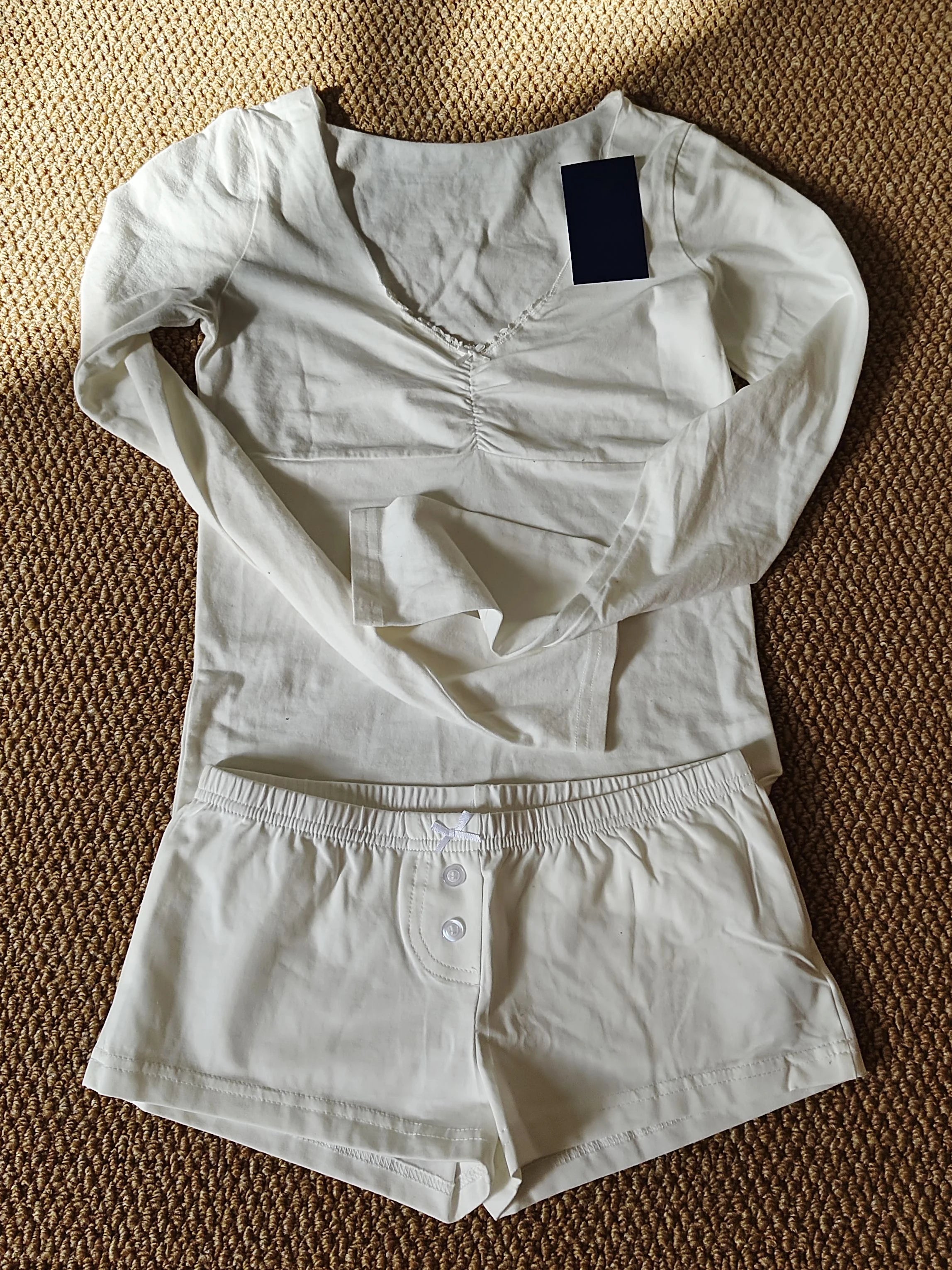 Eyelet Buttons White Long Sleeve T-shirt Shorts Set Woman Slim Tees+Elastic Straight Sweatshort Cotton Home Pajama 2 Piece Sets