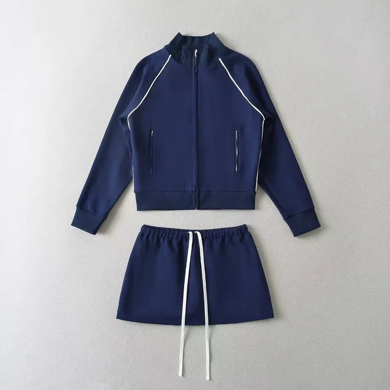 Zip Up Sweat and Mini Skirt Set for Women, Contrast Piping Detail, Co-ord