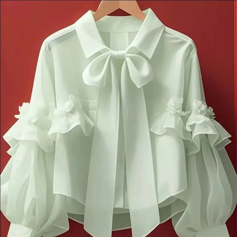 OCEANLOVE Spring Autumn Bow Blouses Solid Ruffles Vintage Sweet Women Shirts Korean Fashion Puff Sleeve Elegant Camisas