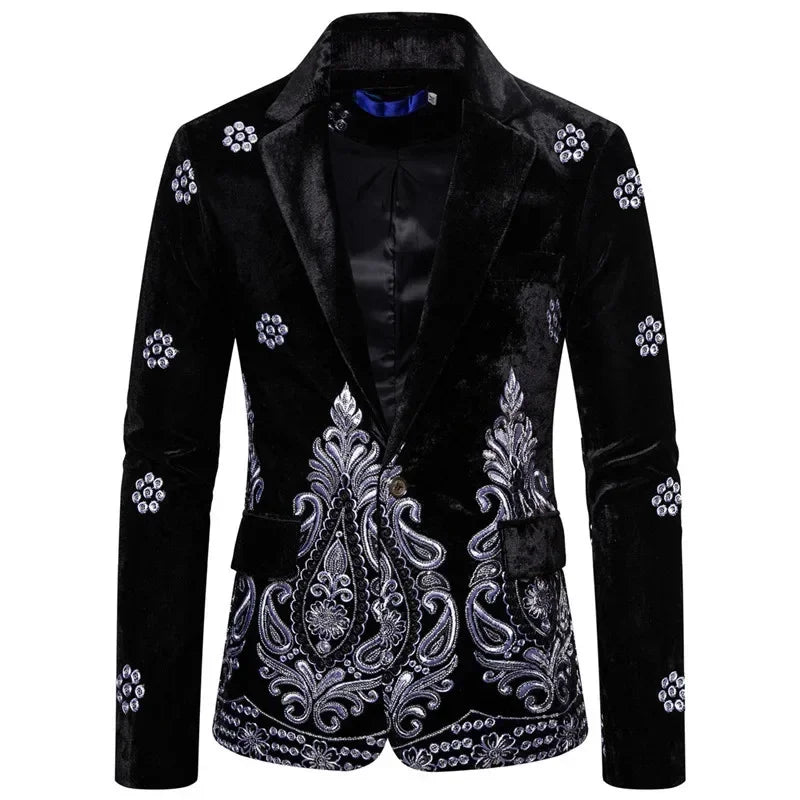 New Men's Luxury Blazer Costume Stage Jacket Suit Male Velvet One button Gold Thread Embroidered Dress Suits for Men