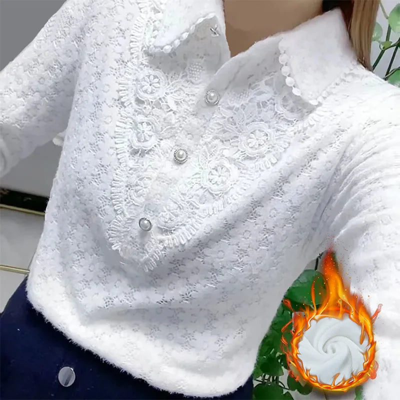 White All-match Fashion Jacquard Open Stitch Shirt Long Sleeve Polo-Neck Office Lady Chic Sexy Spring Autumn Loose Casual Blouse