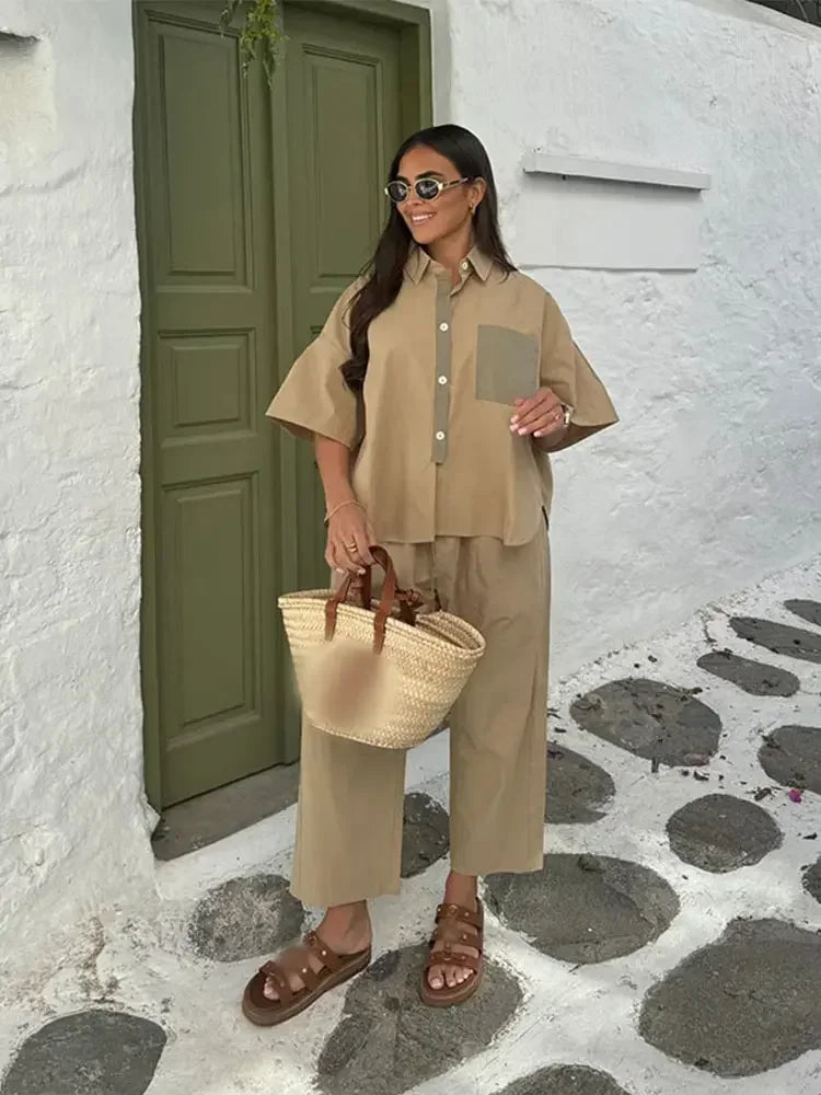 Women Casual Straight Wide Legs Pants Set Loose Lapel Half Sleeve Single-breasted Contrast Pocket Shirt Suits Lady Office Outfit