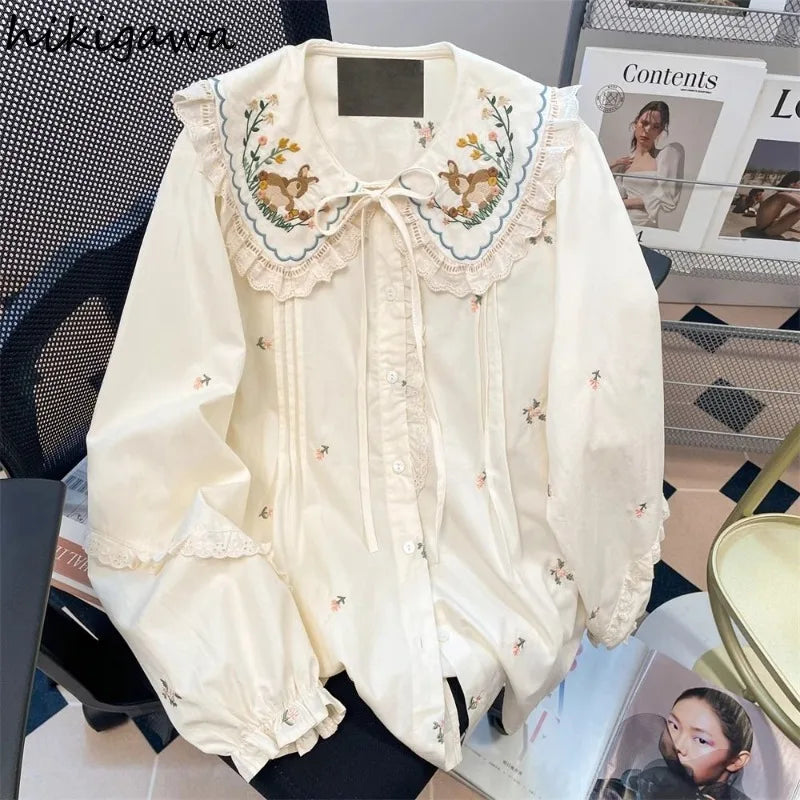 Rabbit Embroidery Peter Pan Collar Blouse Women Clothing Long Sleeve Floral Shirts 2025 Blusas Mujer De Moda Ruffles Sweet Tops