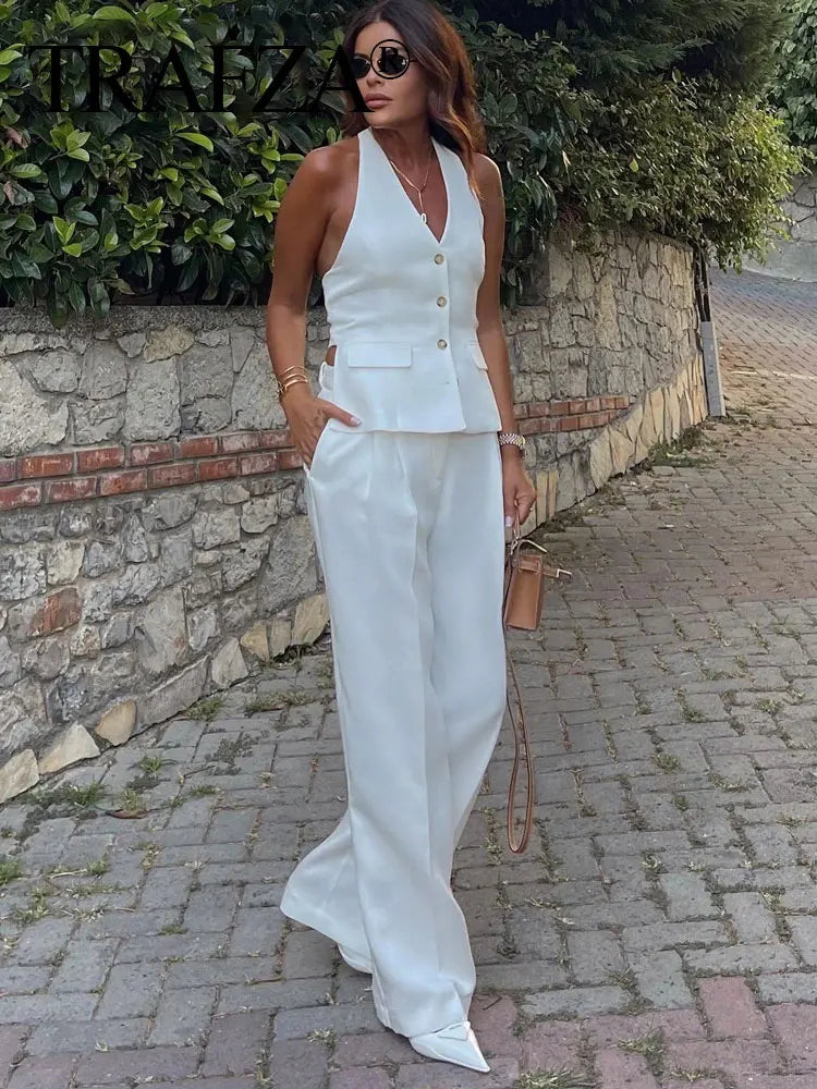 TRAFZA Women Fashion Solid Pant Suit Halter Single Breasted Sleeveless Blazer Vest Top Zipper Fly Trousers Office Lady Sets
