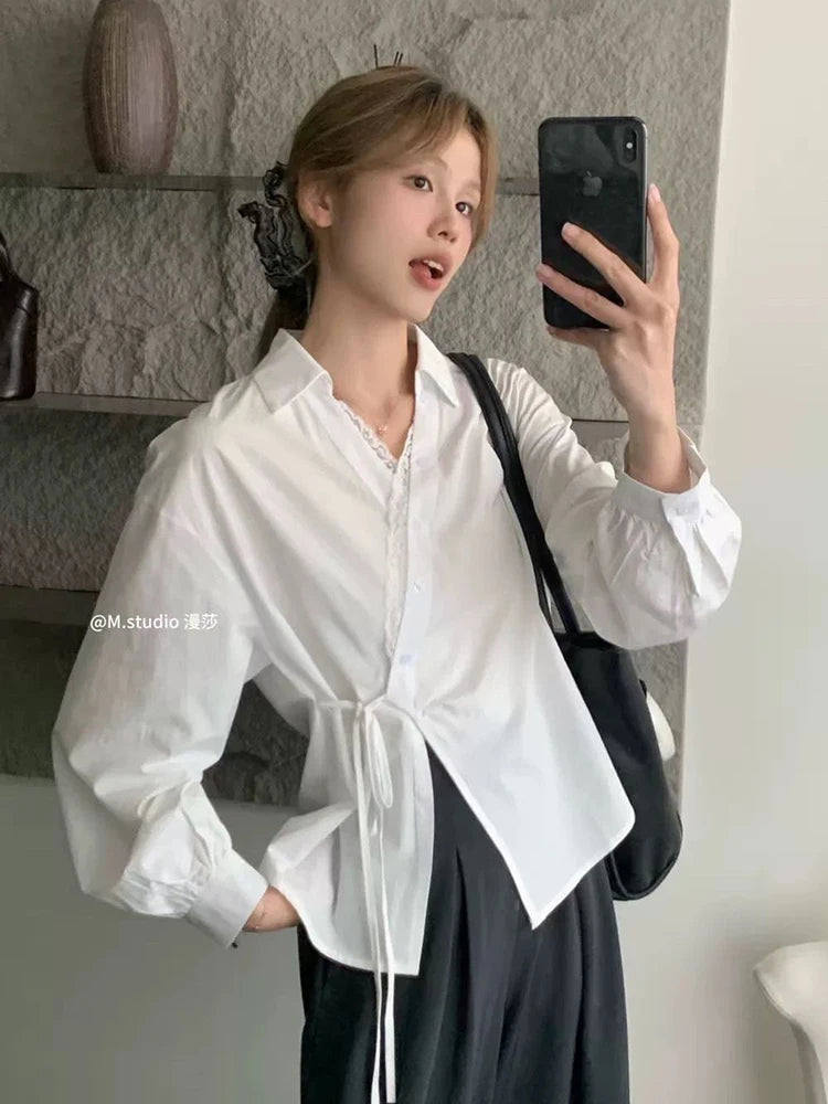 Jmprs Sweet French Retro Shirt Women Lace Patchwork Long Sleeve Elegant Blouse Design V Neck Irregular Spring Lady Lace Up Tops
