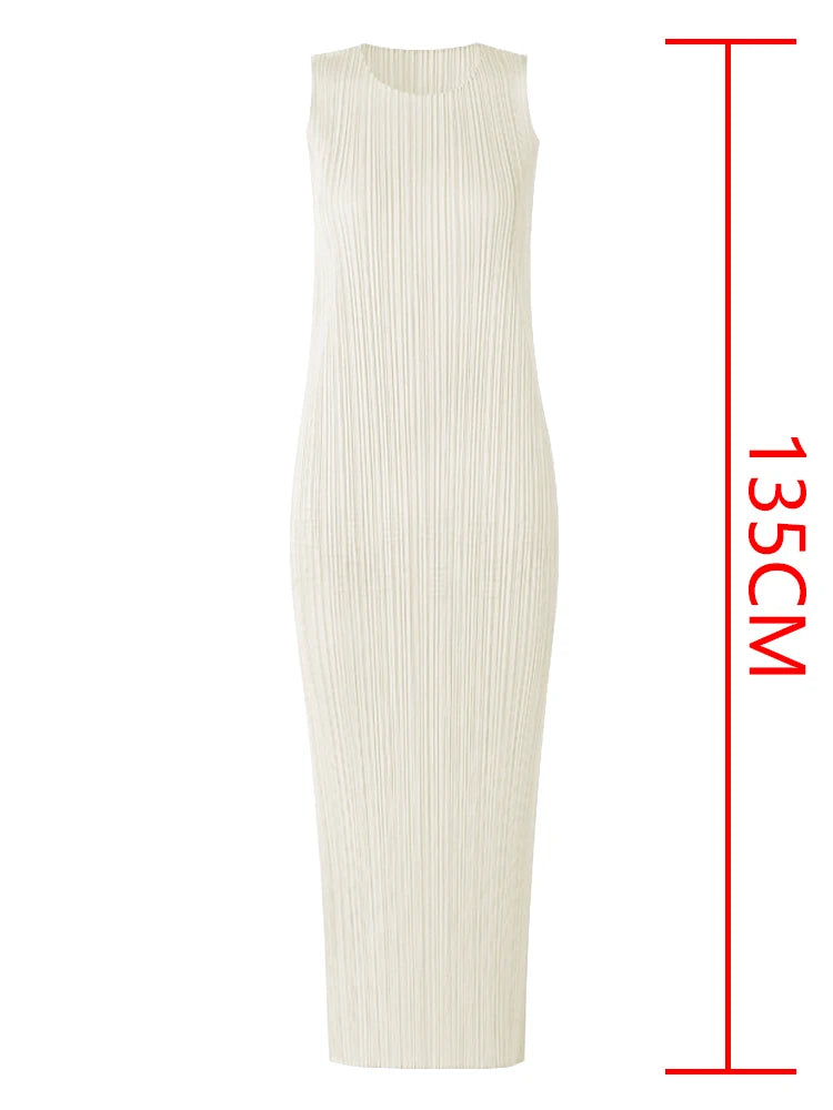 Miyake Pleated Women Dress Summer Sleeveless Long Classic Korean Fashion Casual Elegant Female Lce Water Blue Beach Dress TP5045