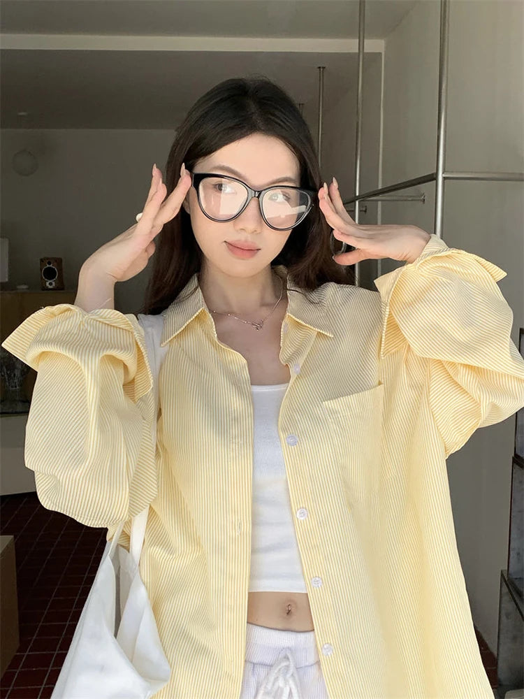 Korean Yellow Striped Shirt Women Lazy Wind Loose Preppy Style Blouse Vintage Long Sleeve Casual Female Sweet Tops New