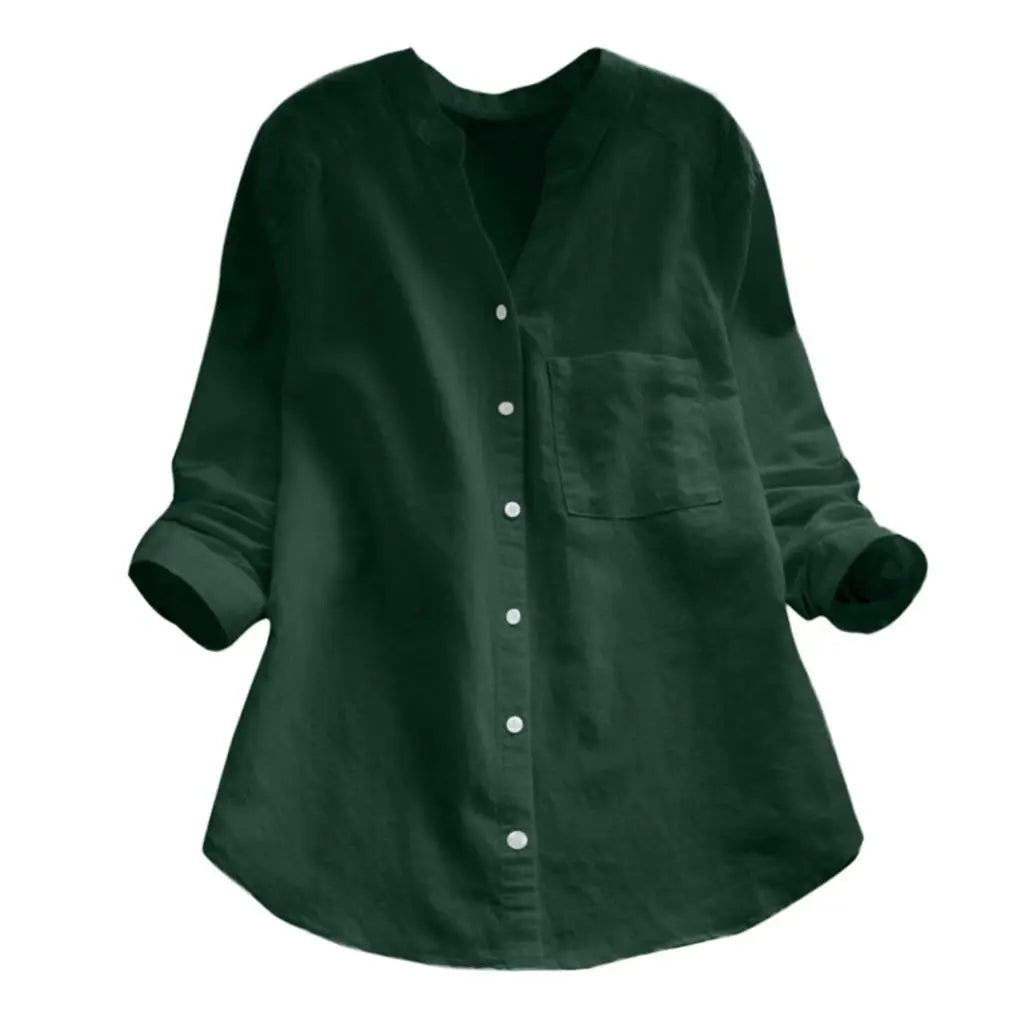 Women's Casual Retro Cotton And Linen Shirts Loose Solid Color V-neck Cardigan Button ladies Yellow White Autumn Shirt Tops