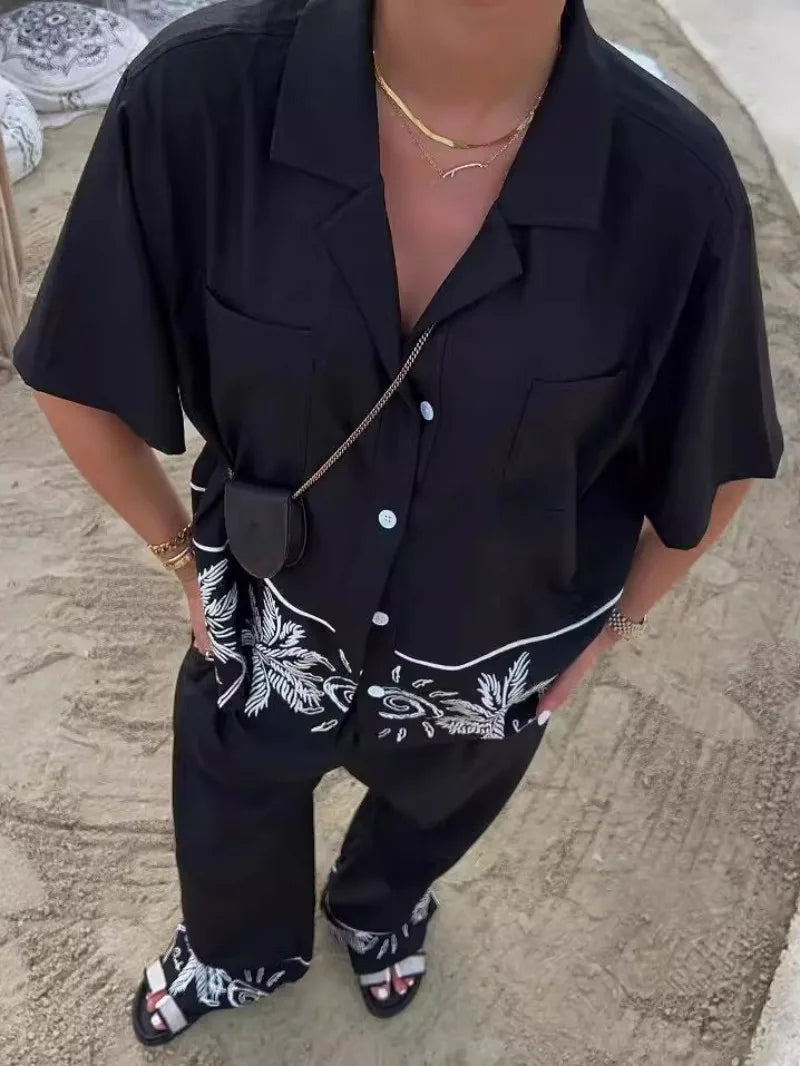 2024 Summer New Women Casual Lapel Short Sleeve Embroidered Shirt Tops Elastic High Waist Straight Pants Women Two Piece Sets