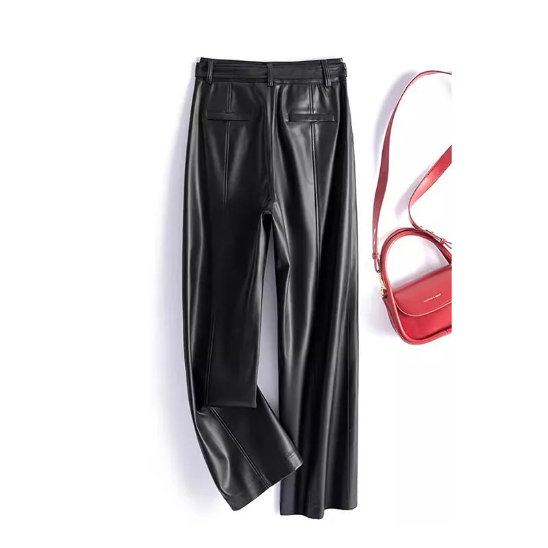 2024 Black Genuine Leather Pants Women Sheepskin Straight Pants Spring Autumn High Waist Belt Loose Real Leather Casual Trousers