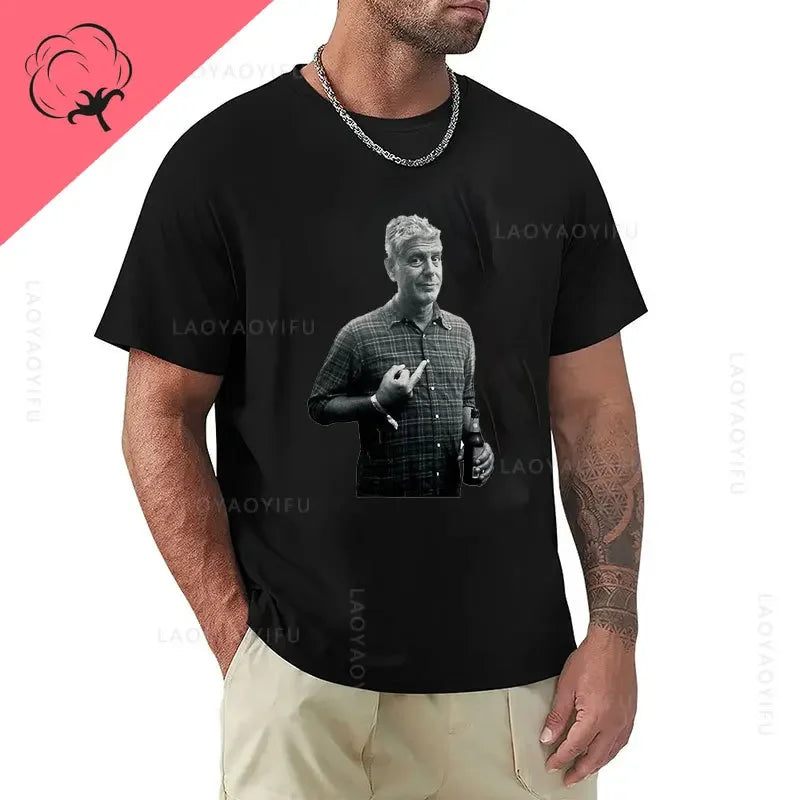 Anthony Bourdain Middle Finger Pose 100%Cotton T Shirt Graphic Printed Fashion Casual O Neck Short Sleeve Streetwear Tee Tops