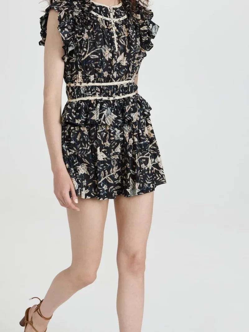 2024 New Spring Summer High Quality Fashion Flower Print Ruffled Woman Beach Style Casural Playsuit