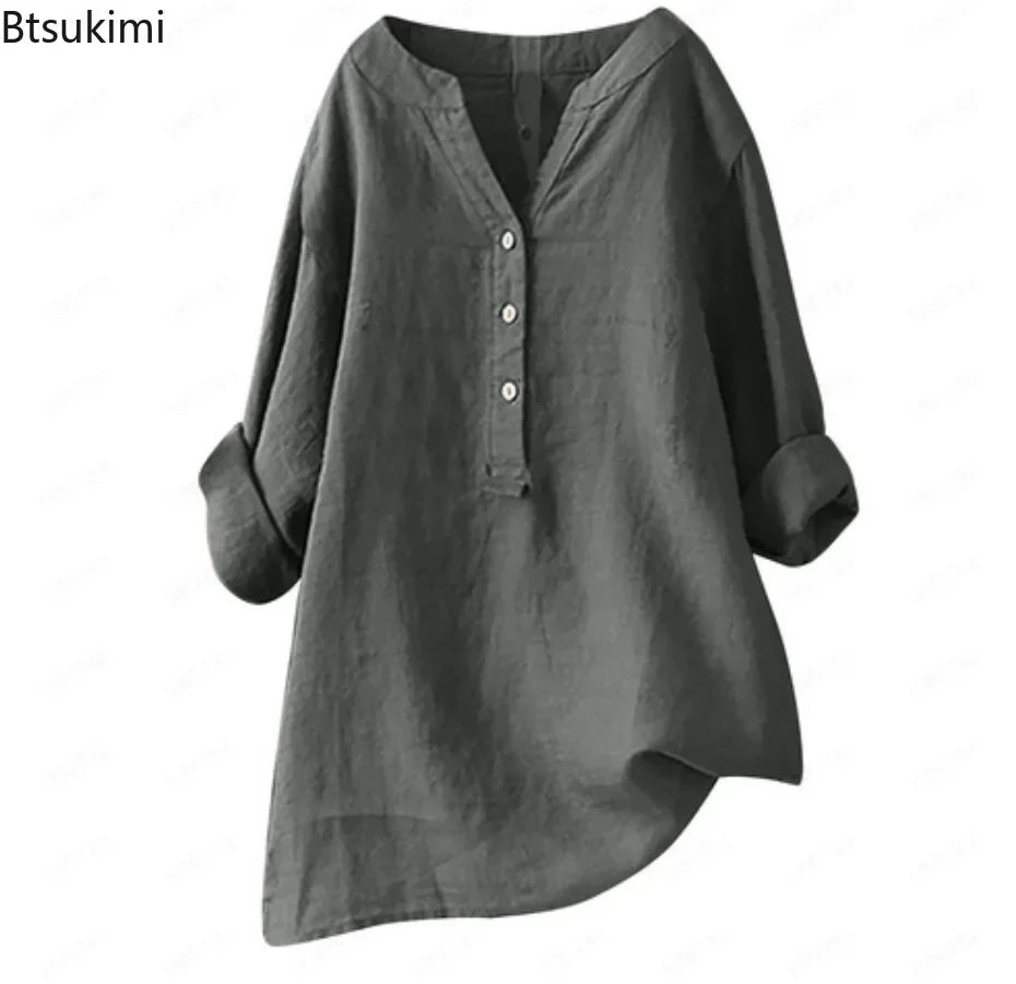2025 Vintage Cotton Linen Shirts for Women Spring Summer Casual Loose Long Sleeve Shirt Ladies Oversize V-neck Blouse Tunic Tops
