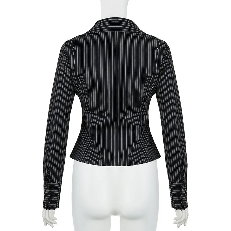 Sexy Elegant Collar Breasted Cardigan Long Sleeved Shirt Slim Fit Versatile Striped Top 2025 Autumn Winter New Fashion Casual