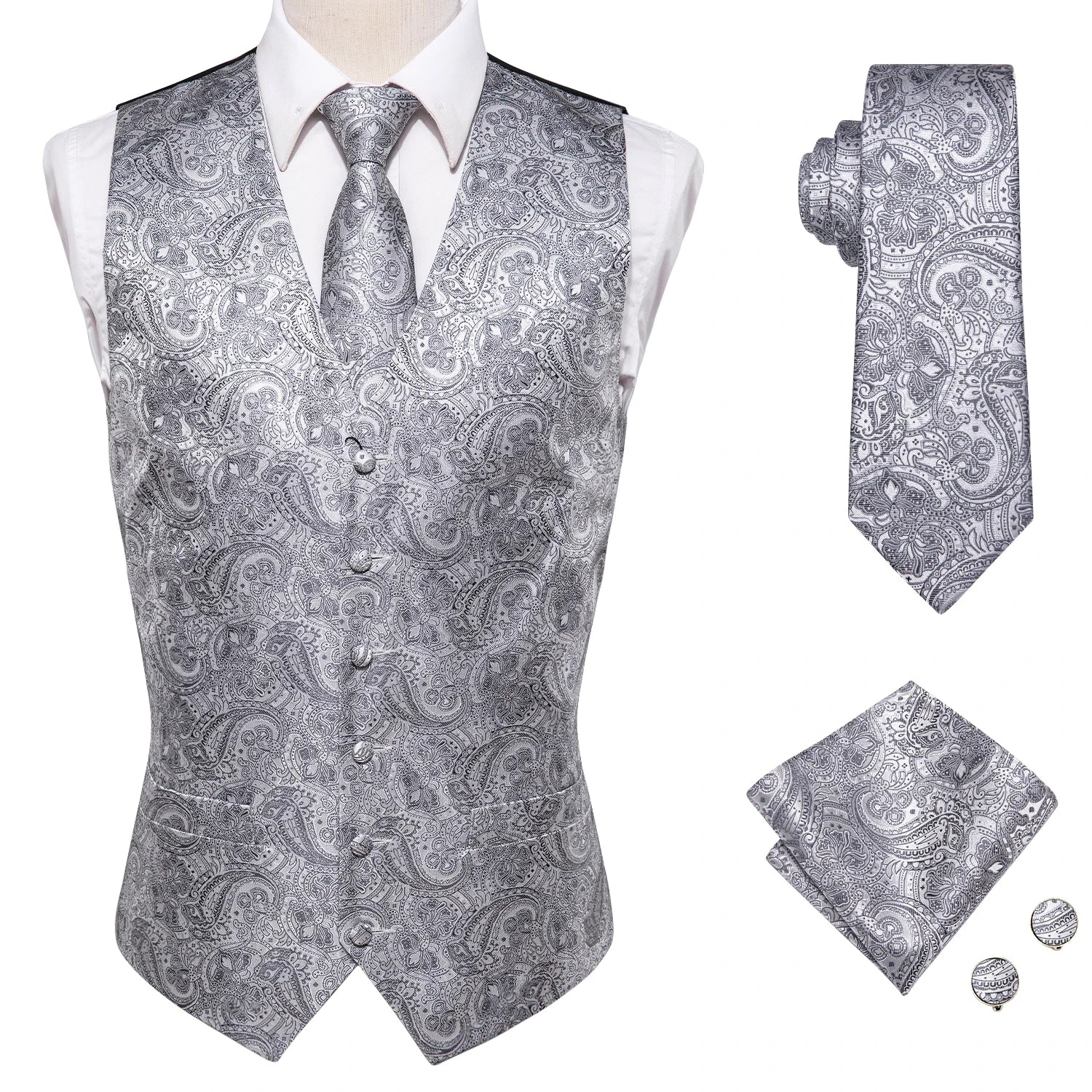 Hi-Tie Black Men Silk Vest Paisley Jacquard Necktie Hankerchief Cufflinks Sets Male Sleeveless V-Neck Waistcoat Business Formal