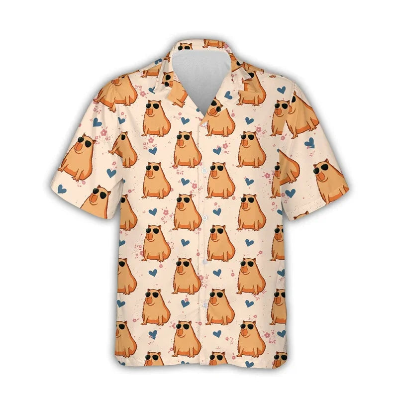 Kawaii Capybara Pattern Shirt Men's 3D Printed Hawaii Aloha Beach Men's Shirt Short Sleeve Cool Top Lapel Shirt