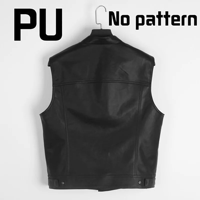 Solid Color Mens Faux Leather Vest Motorcycle Standing Collar Leather Vest Team Punk Shoulder Vest for Men
