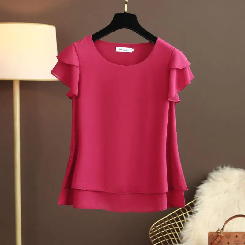 Women Women's Clothing Blouse Summer new short sleeved chiffon top T-shirt loose versatile stylish shirt trend Shirts Blouses