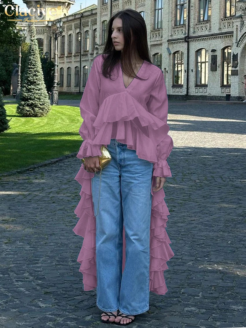 Clacive Sexy Loose White Women's Shirt 2025 Fashion V-Neck Long Sleeve Shirts Elegant Ruffle Irregular Top Female Clothing