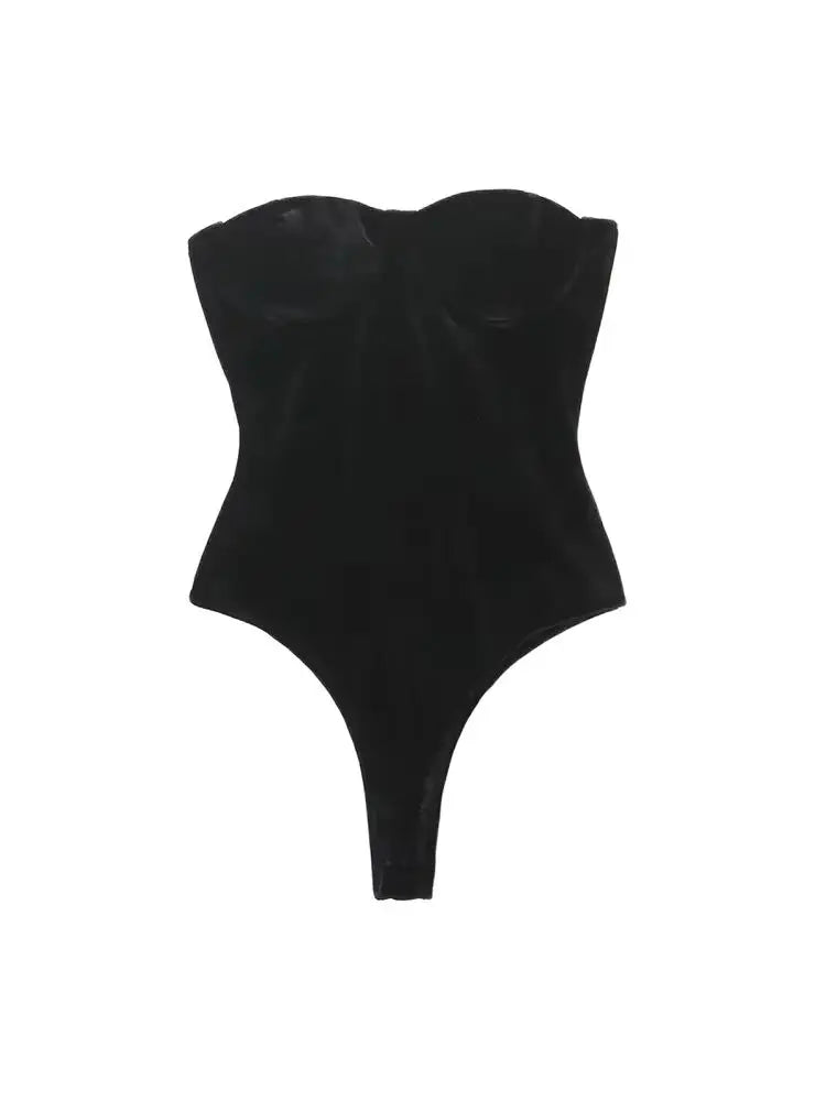 TRZA-Strapless Velvet Bodysuits For Women, Straight Neck, Snap-Button, Female Playsuits, Sexy Fashion