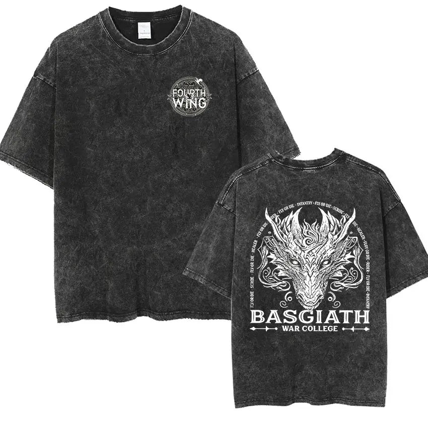 Basgiath War College Vintage Washed  T Shirts Fourth Wing Dragon Rider Print Short Sleeve T-shirt Men's Fashion Oversized Tshirt