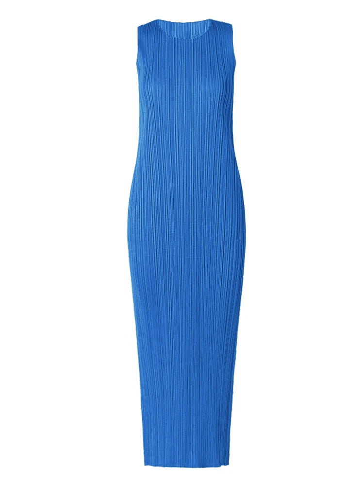 Miyake Pleated Women Dress Summer Sleeveless Long Classic Korean Fashion Casual Elegant Female Lce Water Blue Beach Dress TP5045