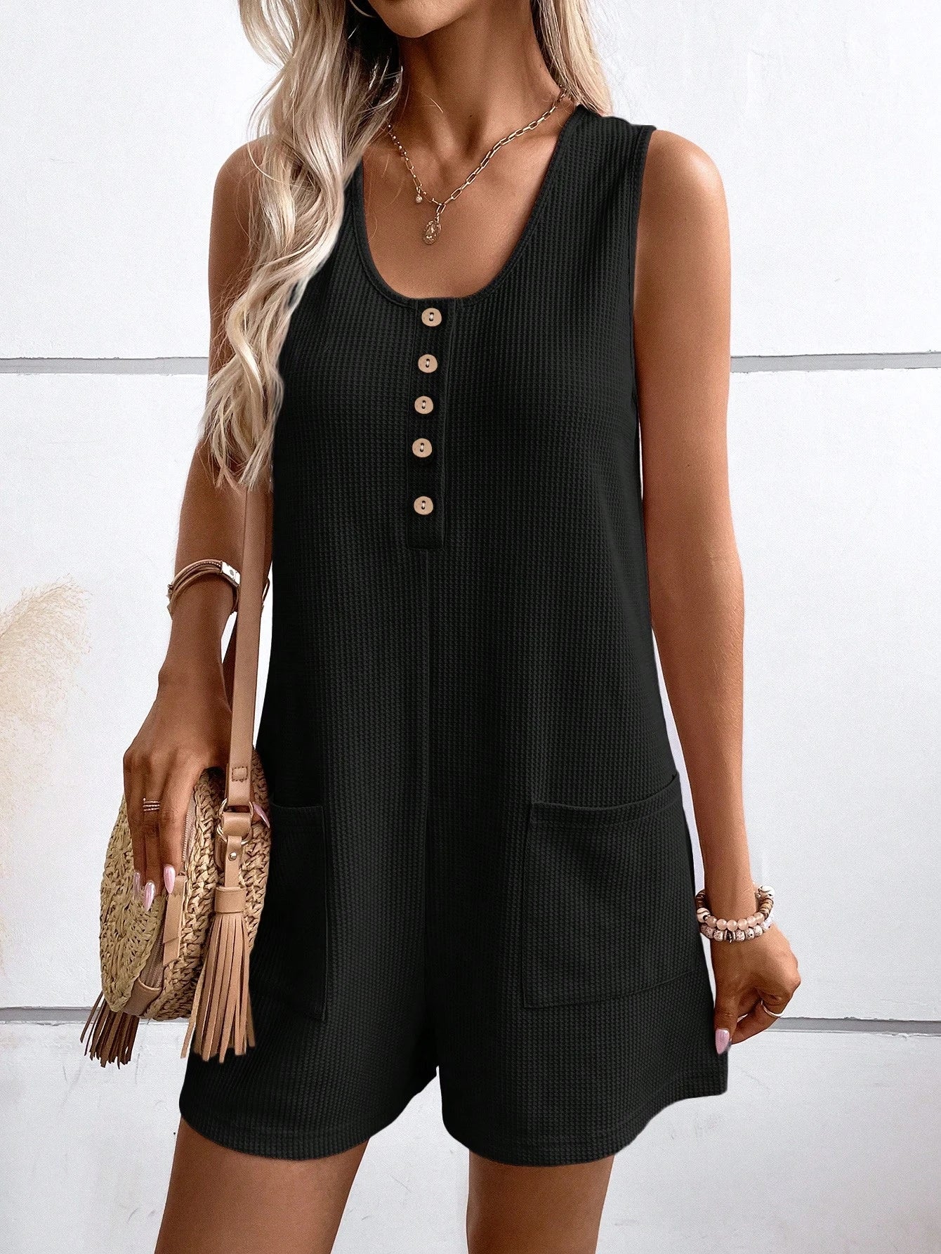 2024 Europe And The United States Summer New Cross-Border Women's Button-Down One-Piece Shorts Elegant Casual Temperament
