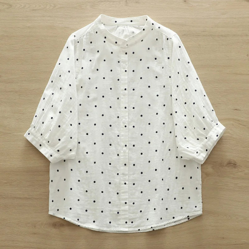 100% Cotton yarn women's shirt 2025 summer Japan style brief short bat sleeve blouses large size tops middle aged women blouses