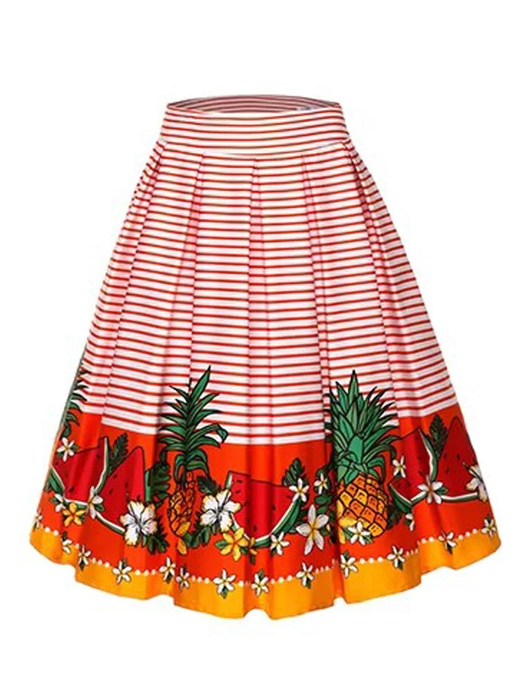 4XL Floral Music Print 50s 60s Swing Skirts Summer Casual Retro High Waisted Pleated Rockabilly Vintage Jurken Women Clothing