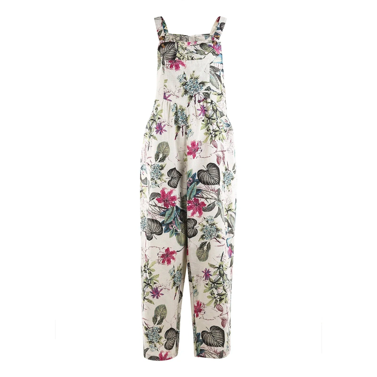 Combhasaki Women's S-3XL Cotton and Linen Jumpsuit Leaf Floral Print Square Neck Sleeveless Casual Loose Overalls with Pockets