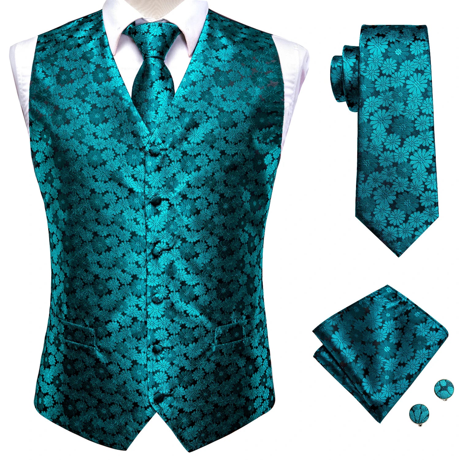 Hi-Tie Black Men Silk Vest Paisley Jacquard Necktie Hankerchief Cufflinks Sets Male Sleeveless V-Neck Waistcoat Business Formal