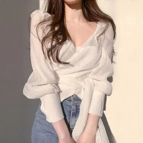 2023 Design Long Sleeve Shirt Women's V-neck Pleated Waist Top Blusas Clothes for Women Tops Shirts Blouses