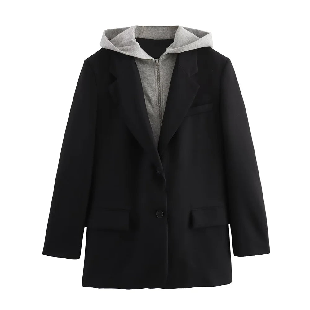 Taop&Za 2024 Spring New Product Women's Casual Versatile Single breasted Decoration Hooded Panel Suit Coat