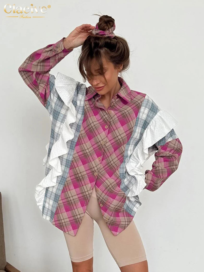 Clacive Fashion Loose Plaid Women's Shirt 2024 Vintage Lapel Long Sleeve Blouses Elegant Classic Ruffle Tops Female Clothing