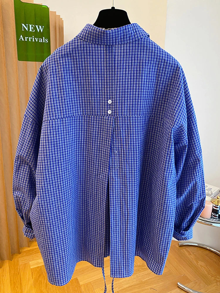 Blue Plaid Long Sleeve Loose Shirts Fashion Korean Split Bandage Blouse Women Oversized Spring Tops 2025 Casual Vintage Blouses