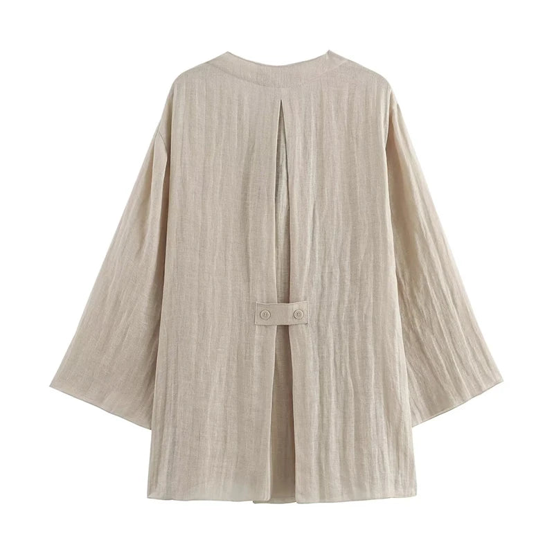 Elegant Women Lace Up V Neck Long Sleeve Linen Crossover Kimono Casual Summer Shirt