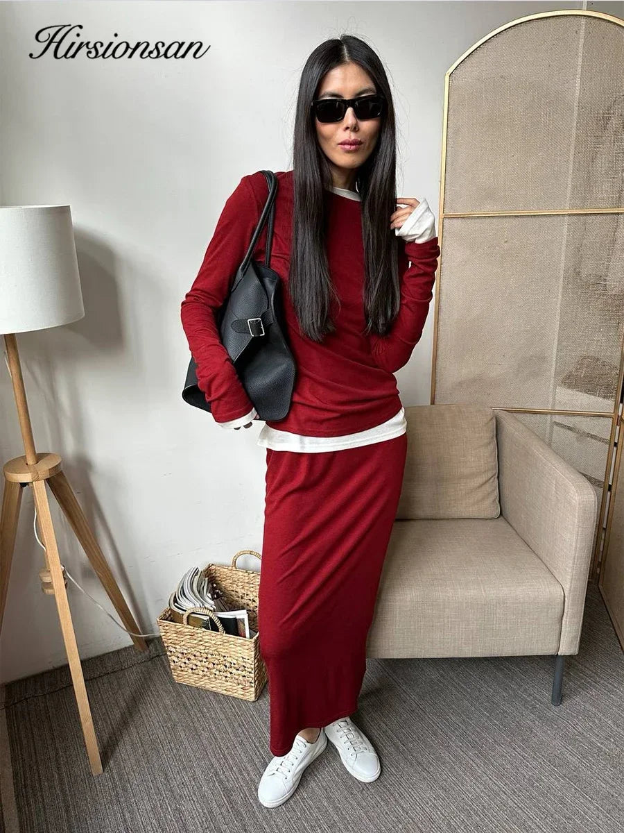 Hirsionsan Modal Soft Loose Sets Women 2025 Casual Two Pieces Long Sleeve T Shirts and High Waist Dresses Outfits Tracksuit